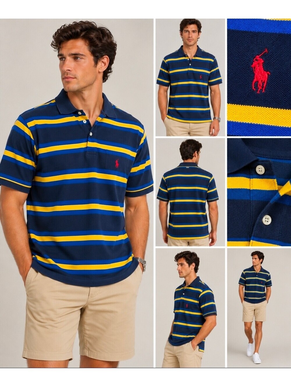 Polo Ralph Lauren Mens XL Striped Polo Shirt Navy Blue Yellow Red Pony Cotton